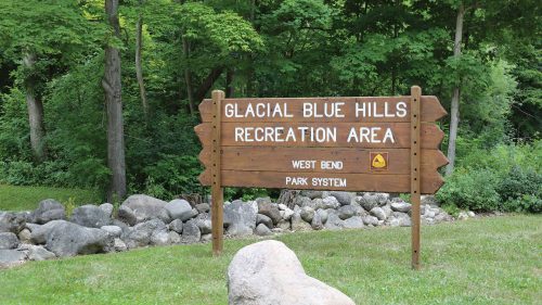Trail sign for Glacial Blue Hills Recreation Area